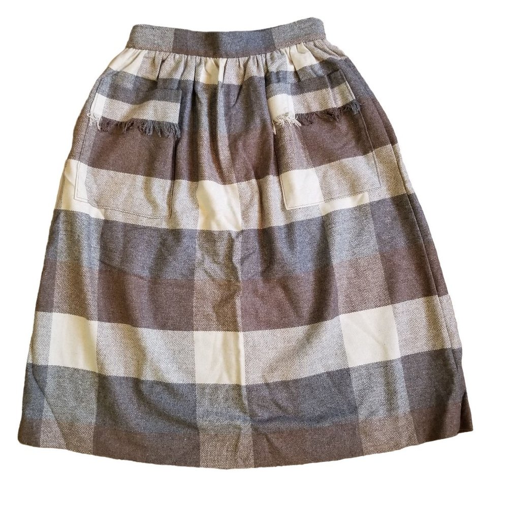 Vintage S Gray Plaid Modest‎ Skirt Pockets Rustic Primitive Homesteading